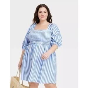 Ava & Viv Plus Size 3X Smocked Shift Dress Blue Cotton Striped Square Neckline